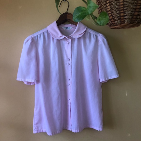 Vintage Tops - Vtg Pink PeterPan Collar Cotton Button Down Top